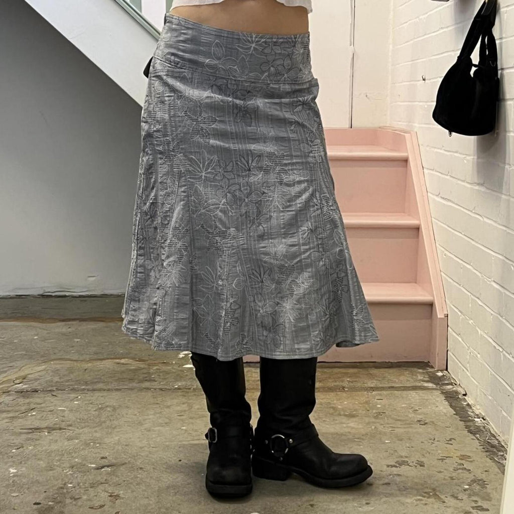 grey checkered floral vintage utility style maxi