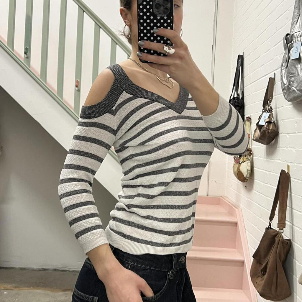 Morgan de Toi white and silver striped slouchy top with cut out shoulders