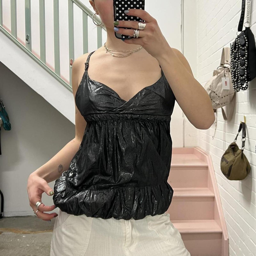 Black and silver metallic puffy vintage bubble style cami