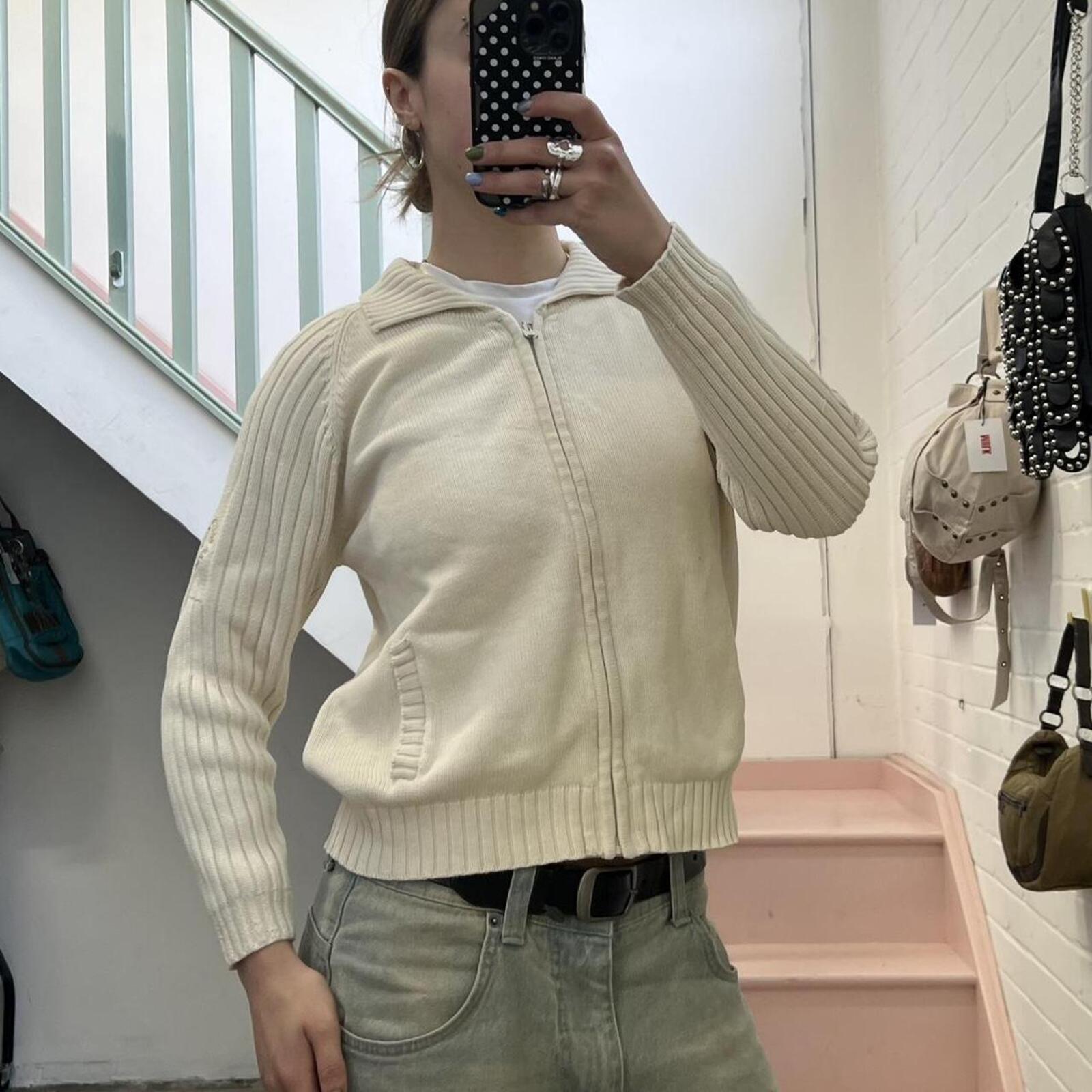 cream knitted zip up vintage cardigan
