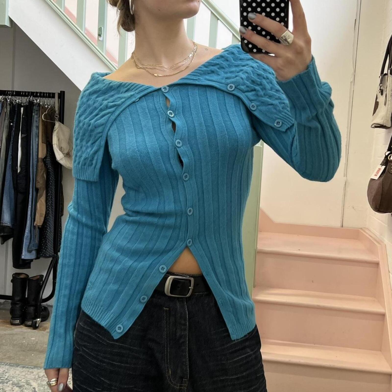 blue knitted off shoulder button up cashmere blend sweater