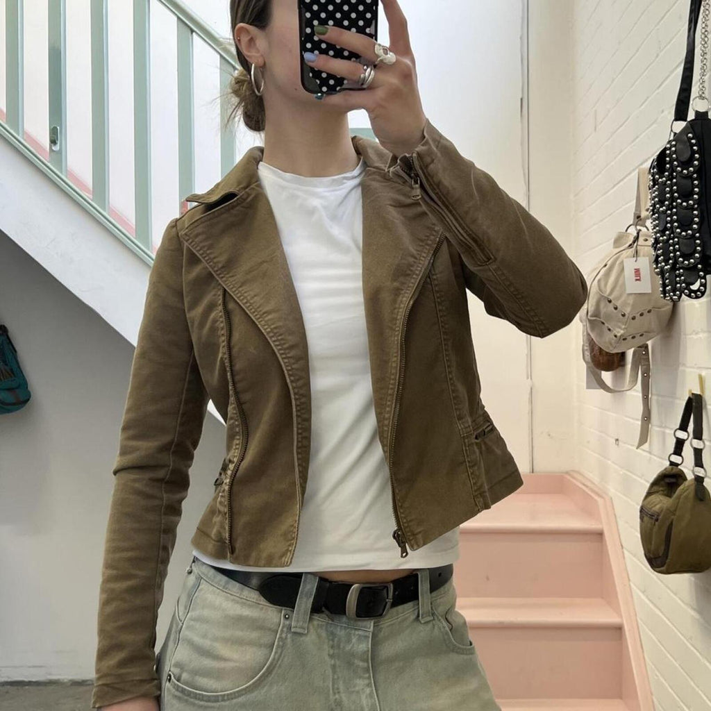 Khaki brown denim fitted zip up biker style vintage jacket