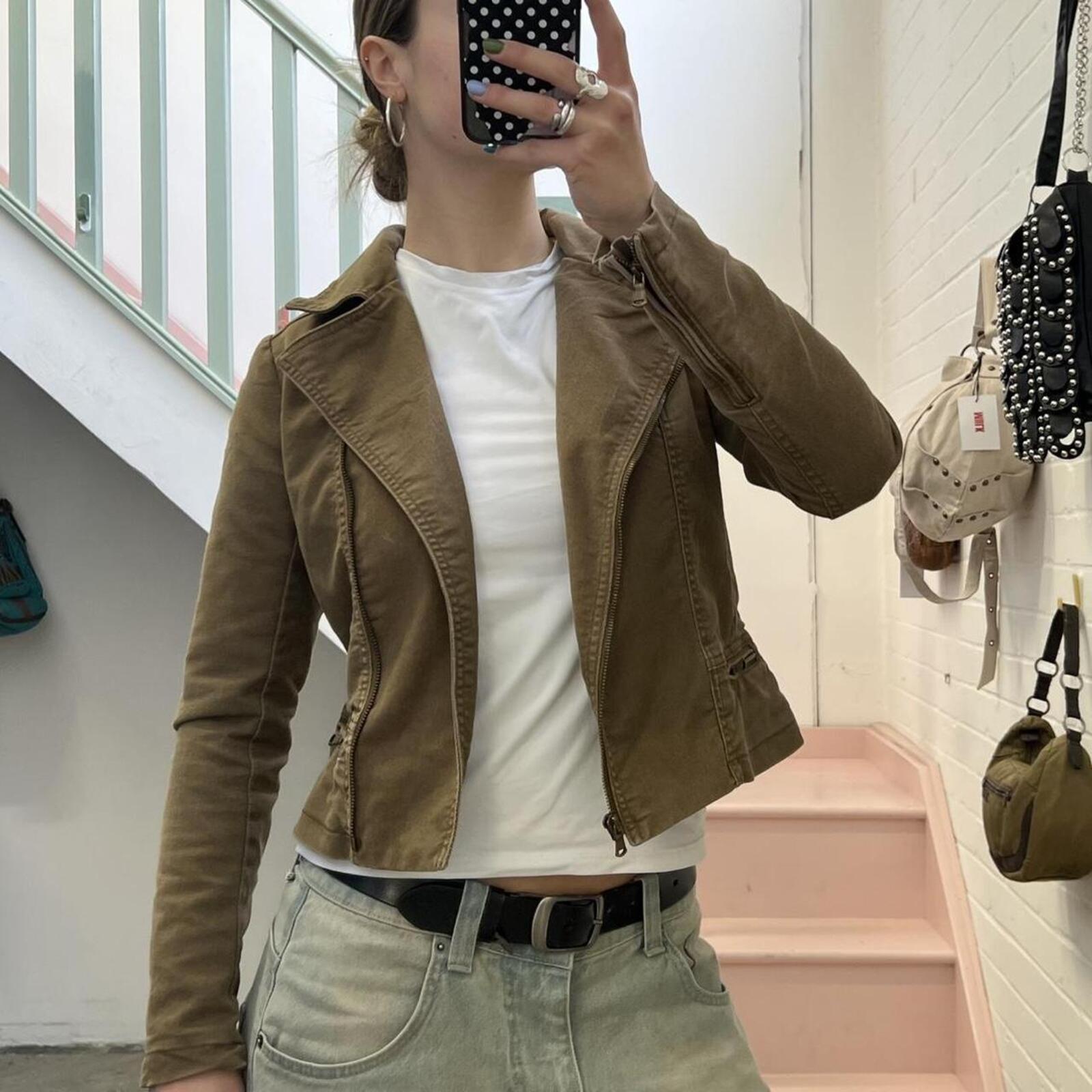 Khaki brown denim fitted zip up biker style vintage jacket