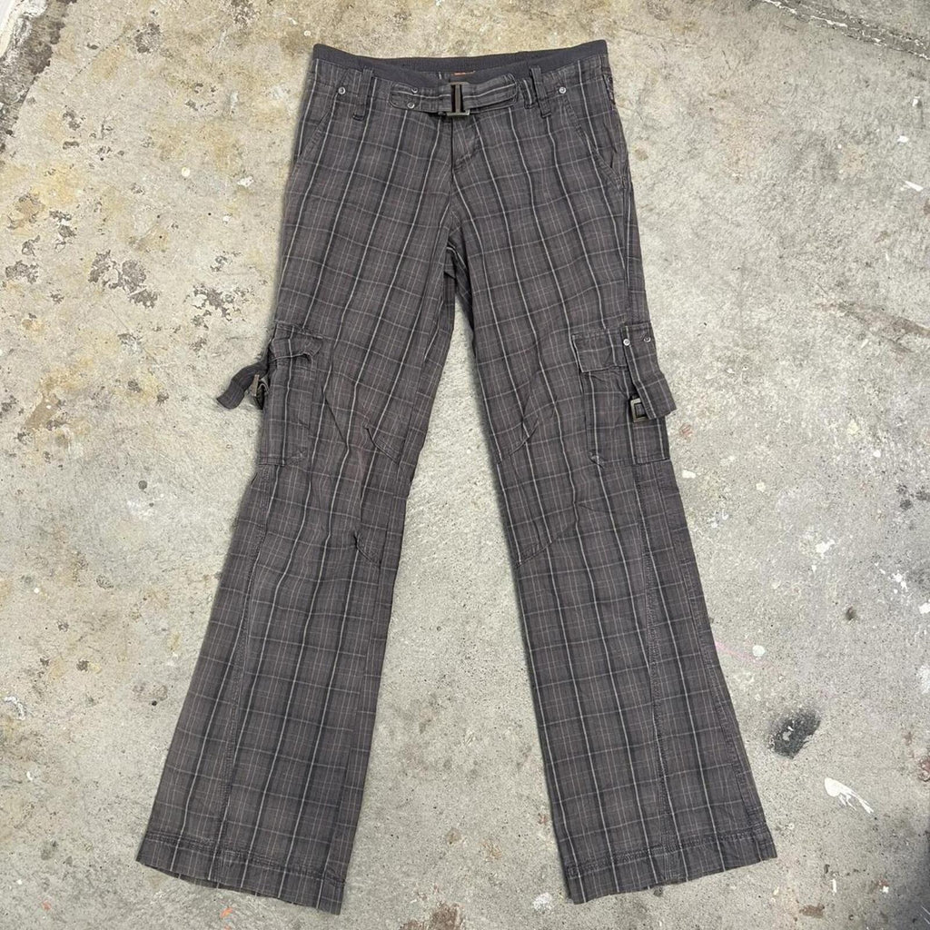 grey checkered low rise wide leg vintage cargo trousers with buckles
