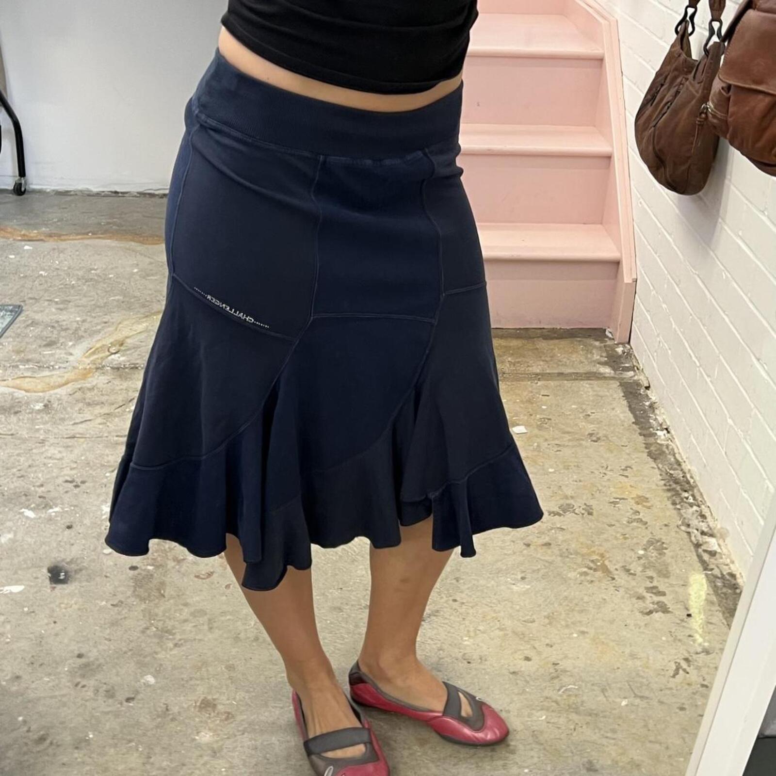 Navy patchwork low rise sporty floaty vintage midi skirt