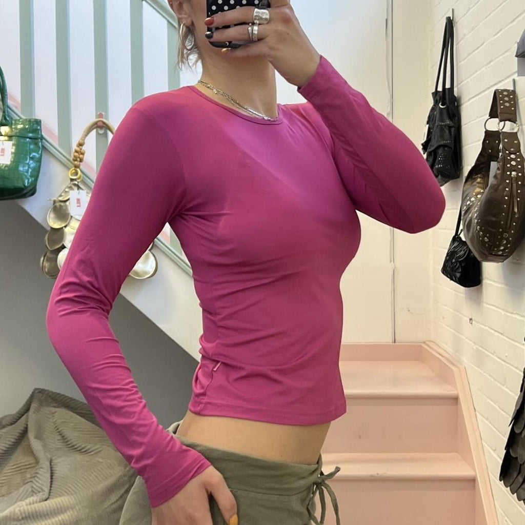 fuchsia hot pink fitted long sleeve slinky top