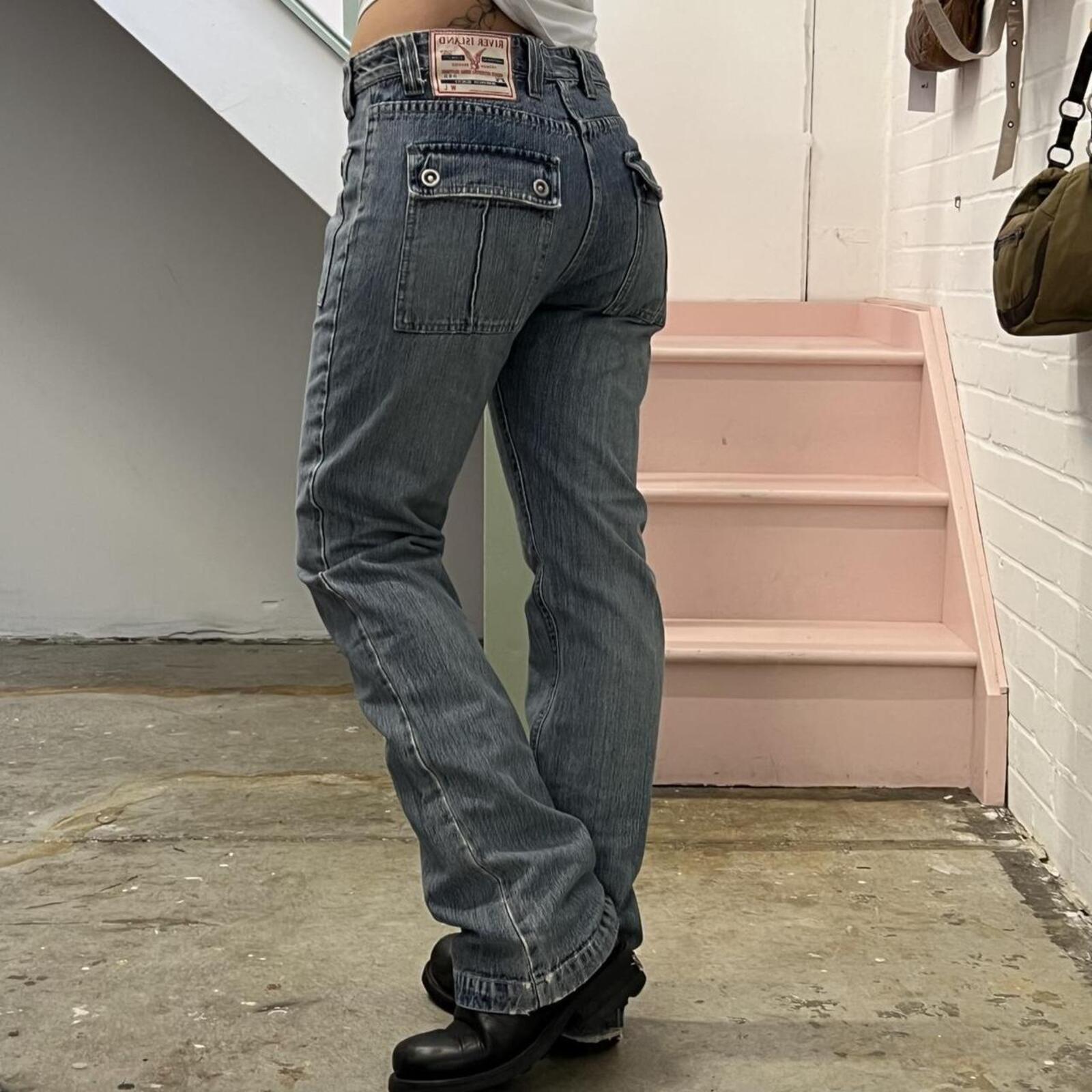 River Island light wash mid rise straight leg vintage jeans with silver studs