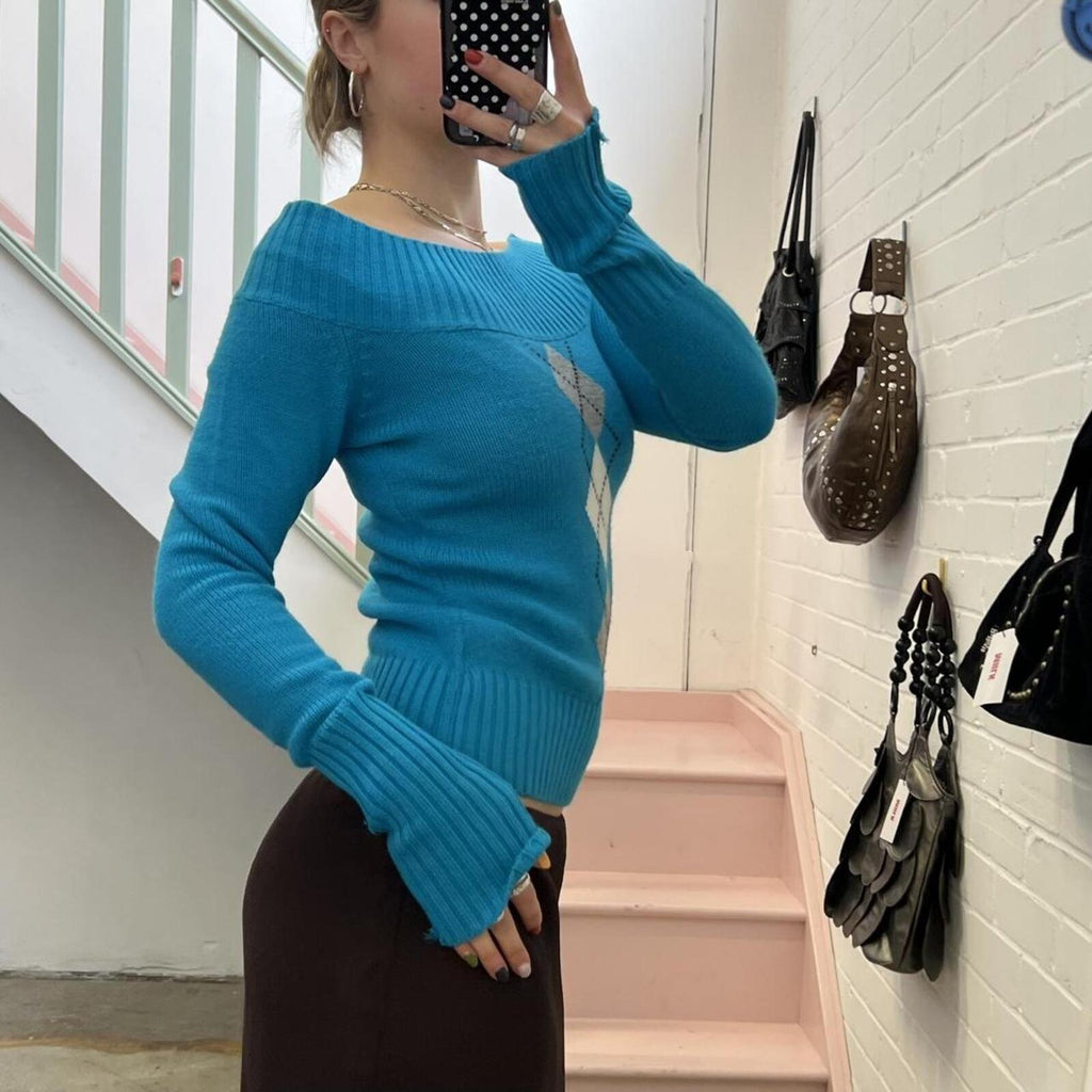 Blue turquoise off shoulder argyle style long sleeve knit