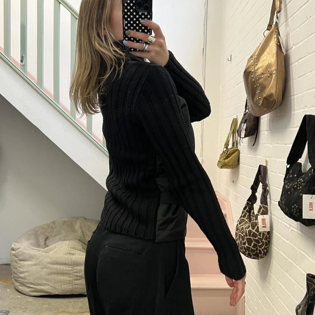 black vintage zip up high neck lightweight jacket with belted waist