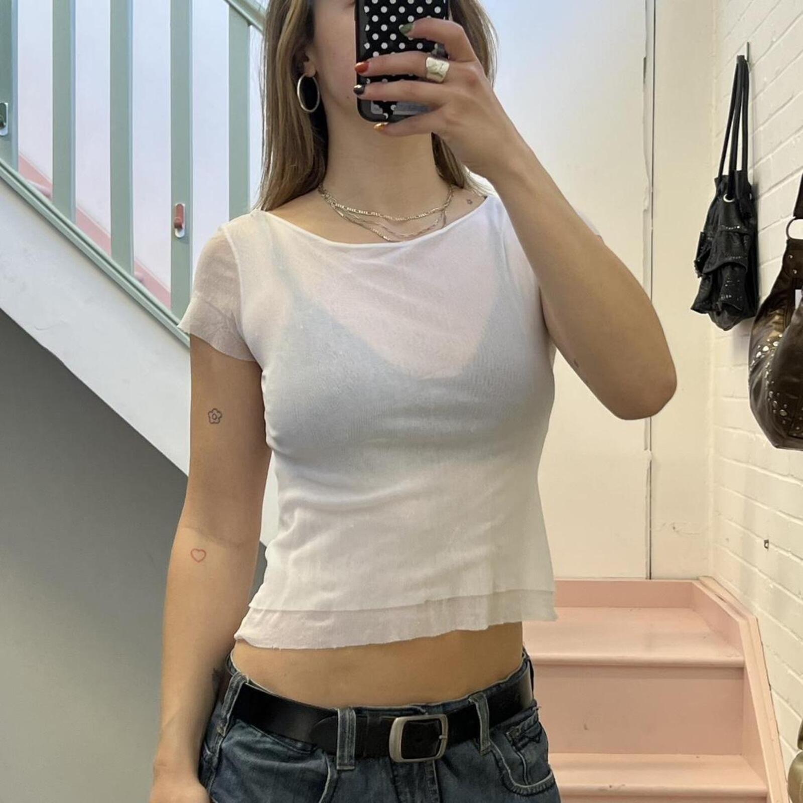 white layered mesh fitted baby tee