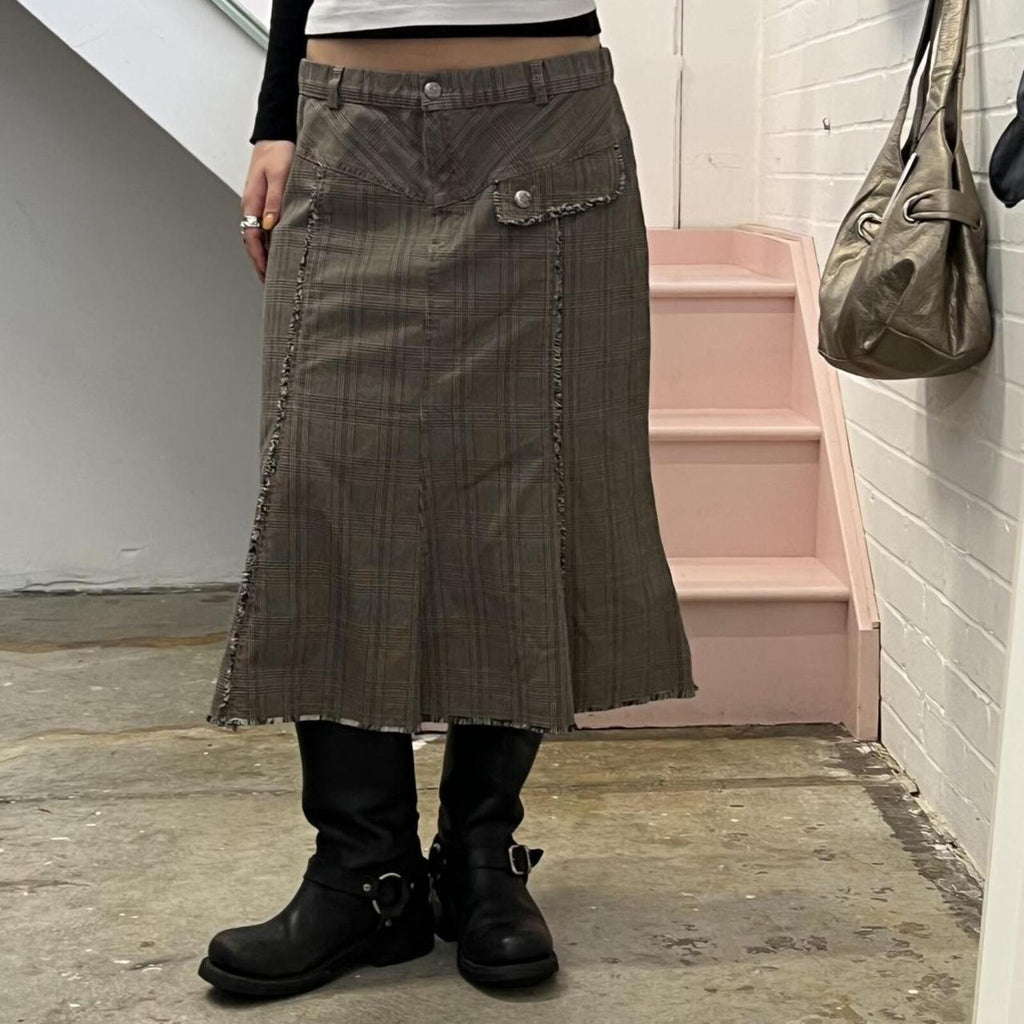 grey brown checkered vintage tailored maxi skirt with distressed hem