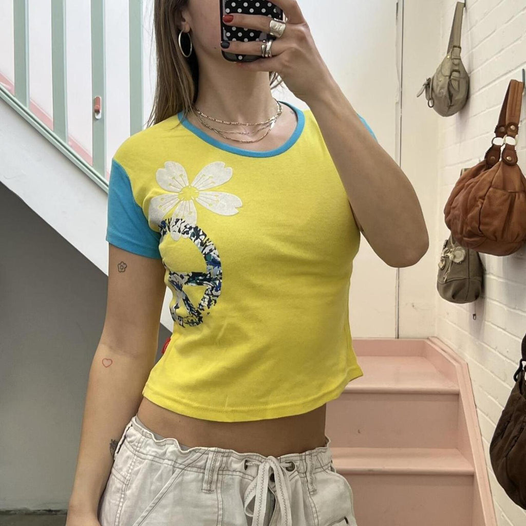 yellow and blue graphic vintage baby tee