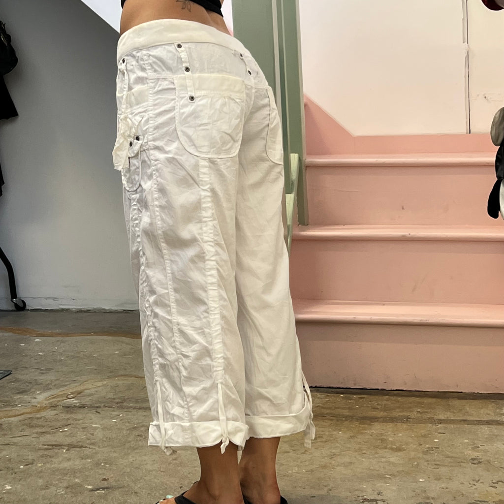 White wide leg baggy cargo capris