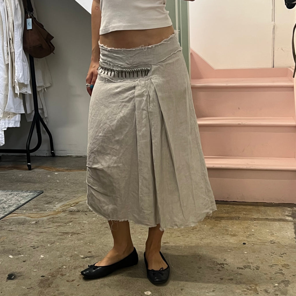 Grey linen asymmetrical beaded maxi skirt