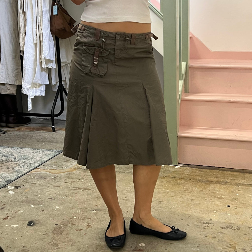 Khaki pleated cargo midi skirt