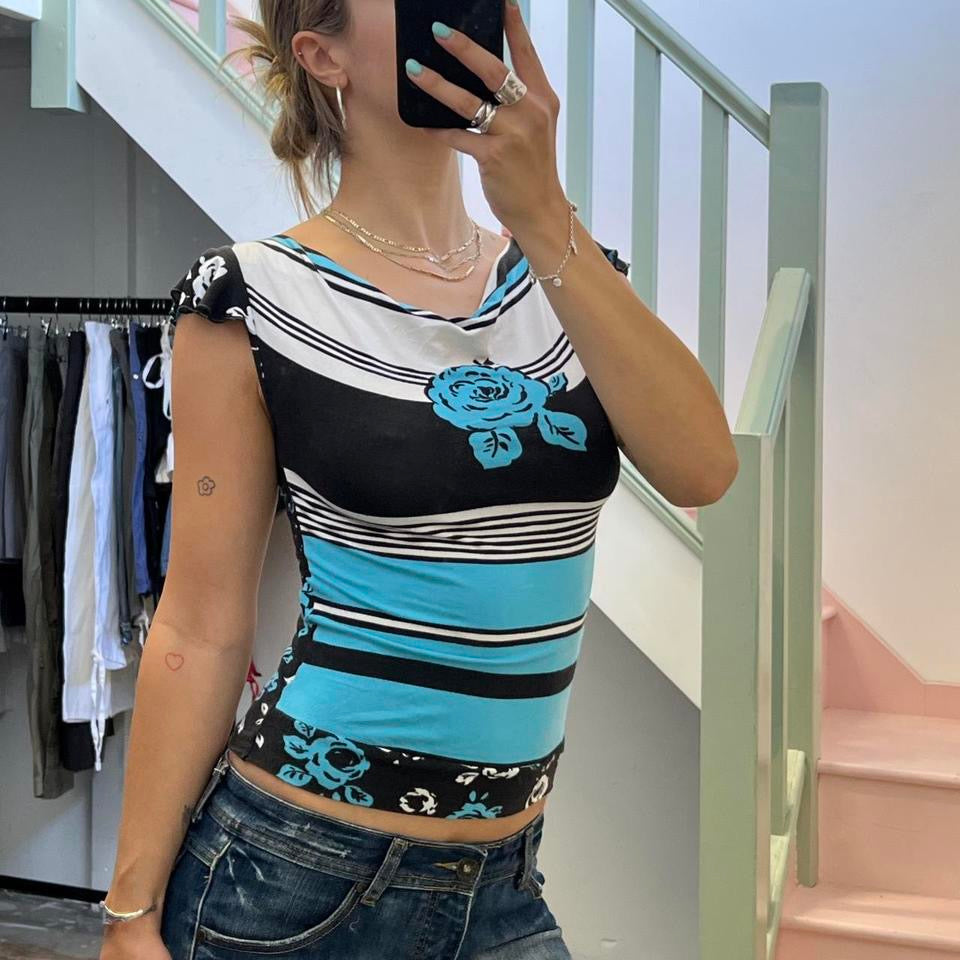 Blue floral printed boat neck top