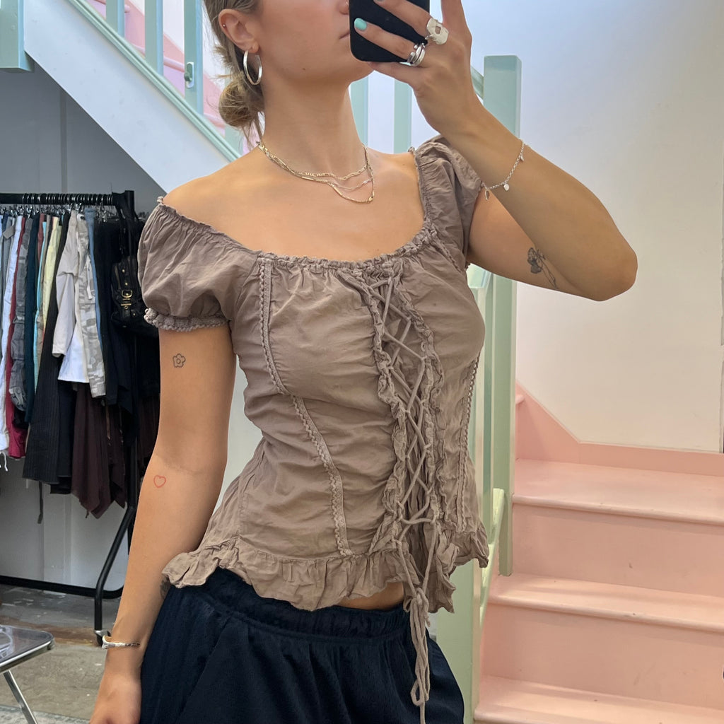 Brown lace up off shoulder corset top