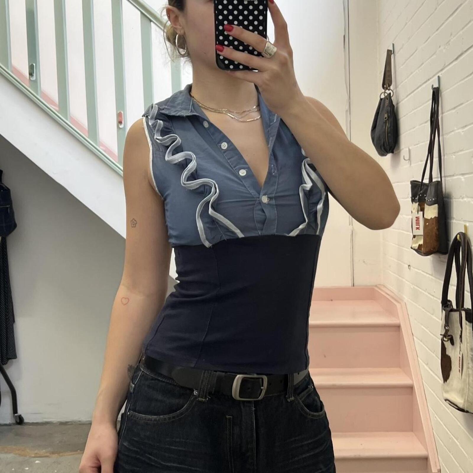 blue and navy fitted vintage shirt vest with ruffles