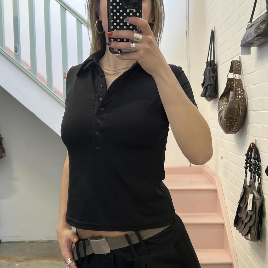 Black fitted button up ruched vintage polo shirt
