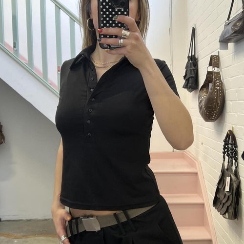Black fitted button up ruched vintage polo shirt