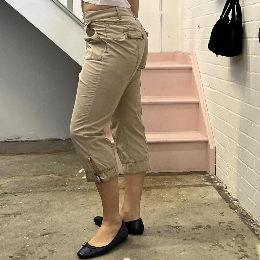 cream fitted cargo capris with buckles