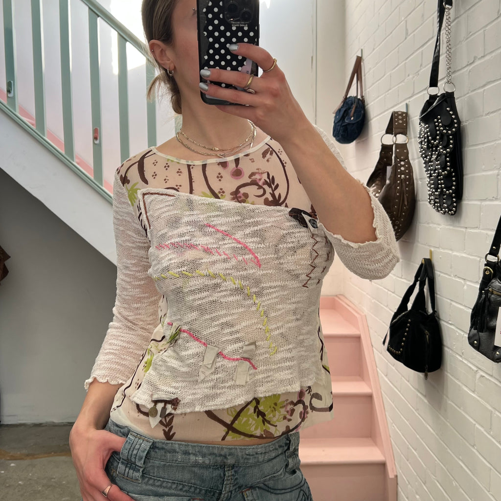 White mesh printed top with stitching detail