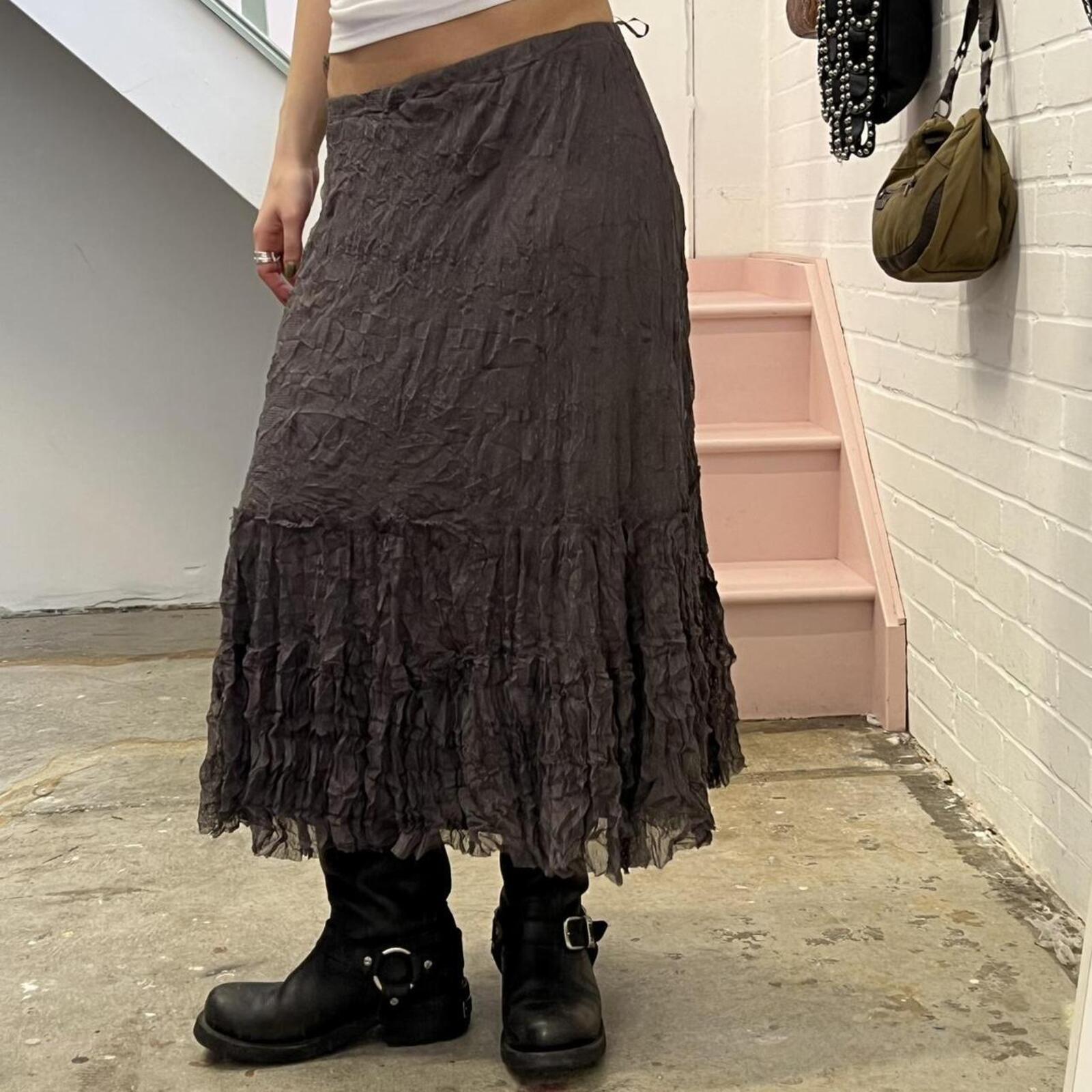 grey brown crinkle mesh vintage floaty maxi skirt