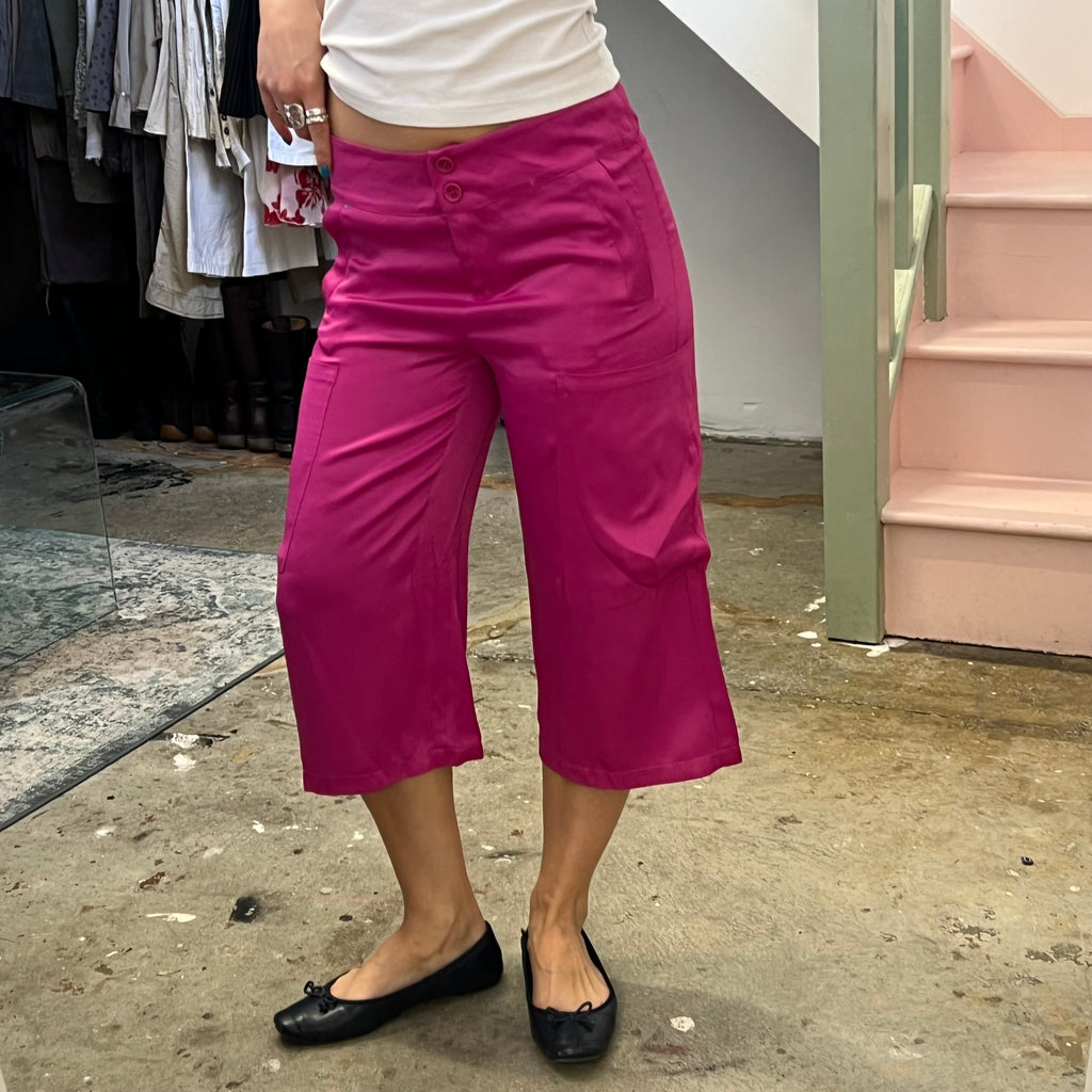 Dark pink satin wide leg tailored capris