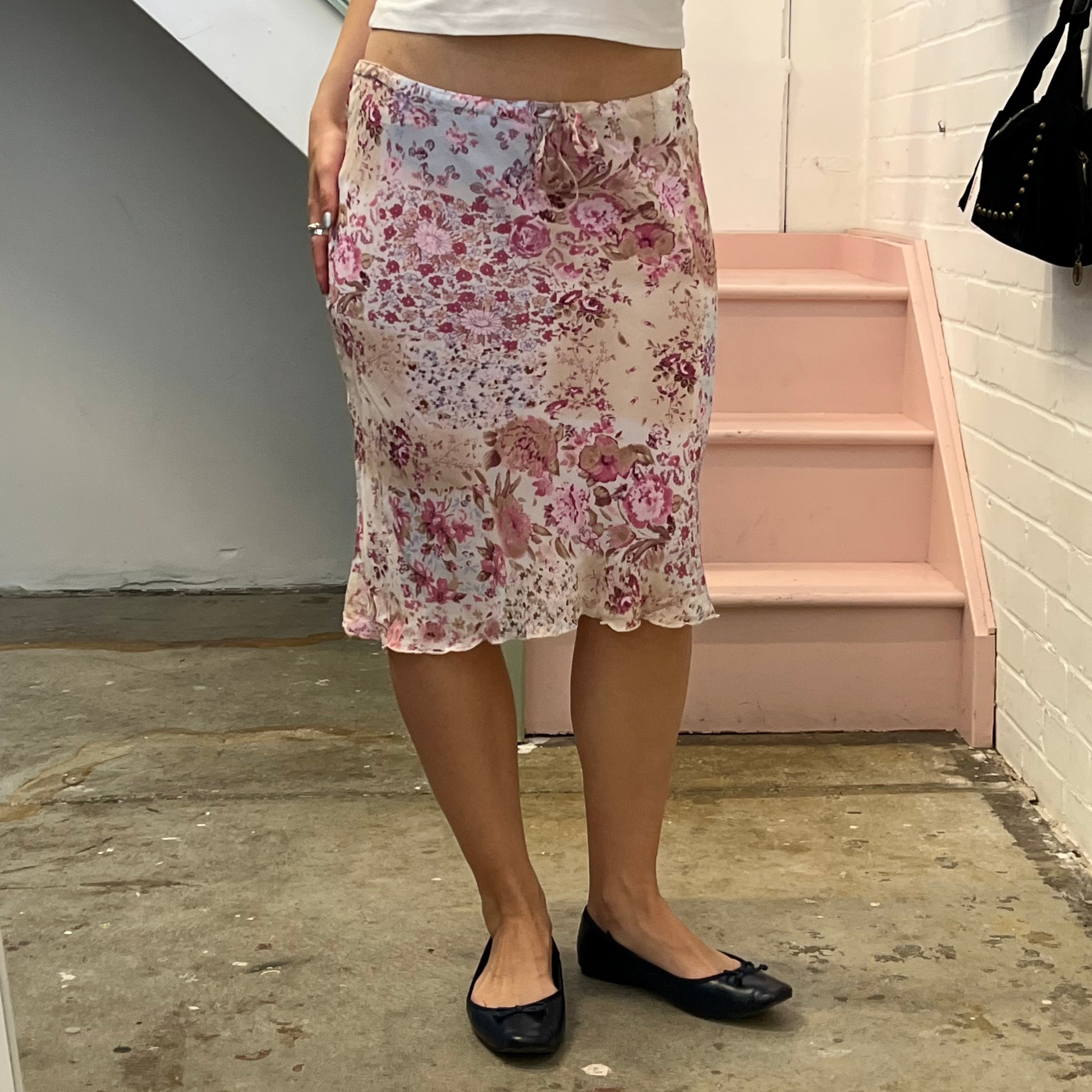 Pink ditsy floral mid skirt