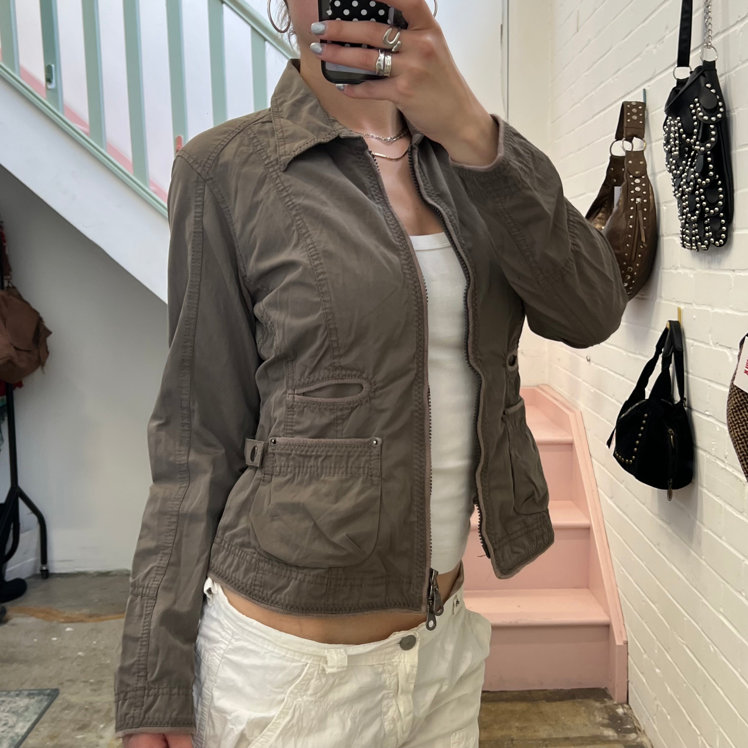 Khaki grey lightweight fitted zip up biker jacket