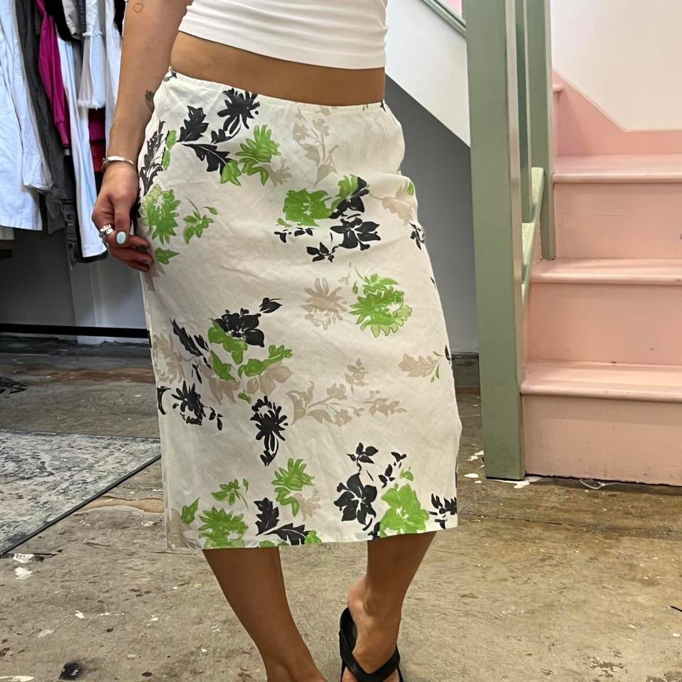 White and green floral midi skirt