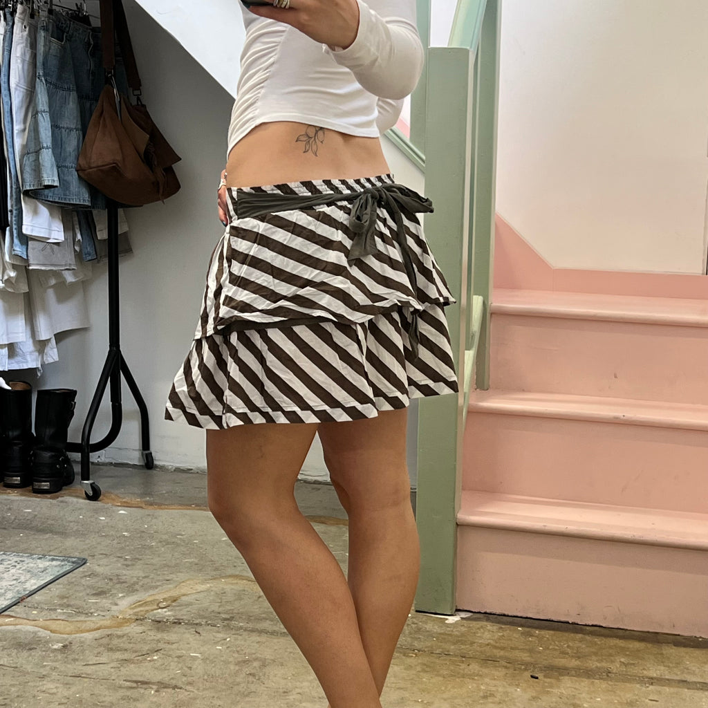 Khaki and white striped ruffle rara mini skirt