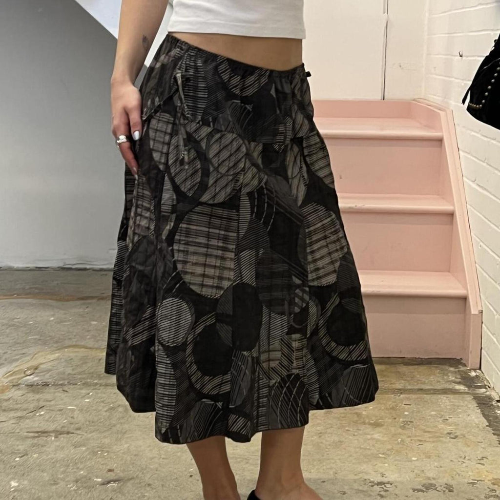 Brown and grey polka dot geo print floaty utility style vintage midi skirt