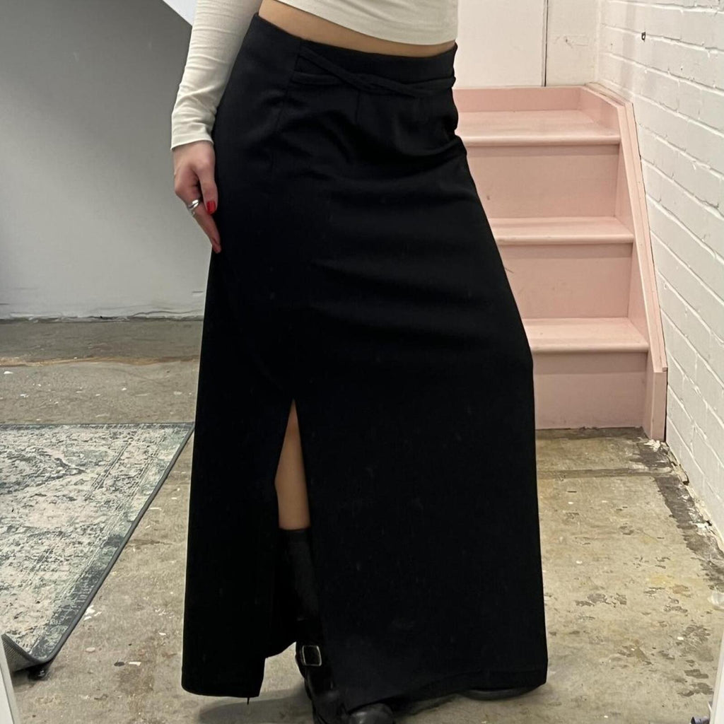 Black tailored vintage maxi skirt with split hem