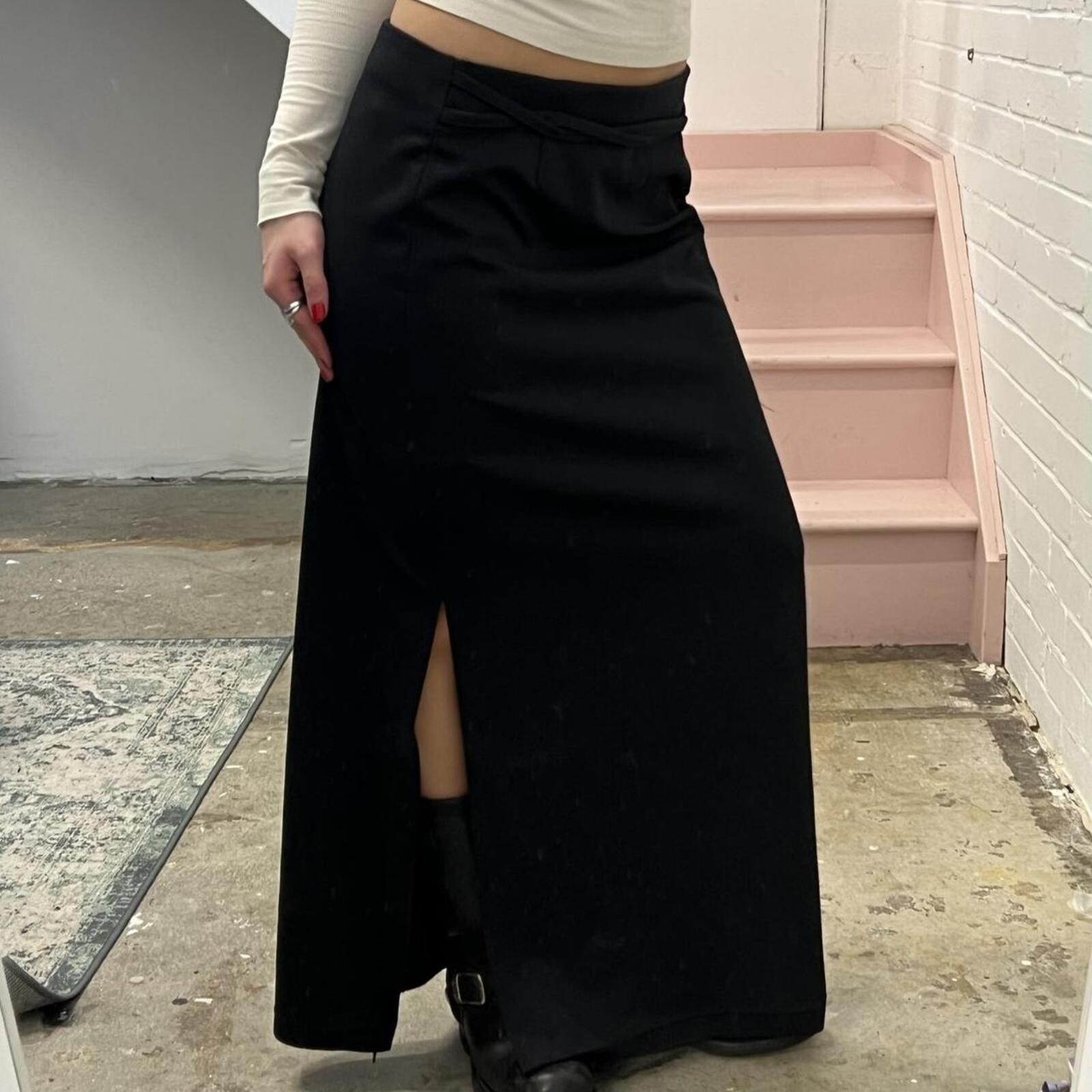 Black tailored vintage maxi skirt with split hem