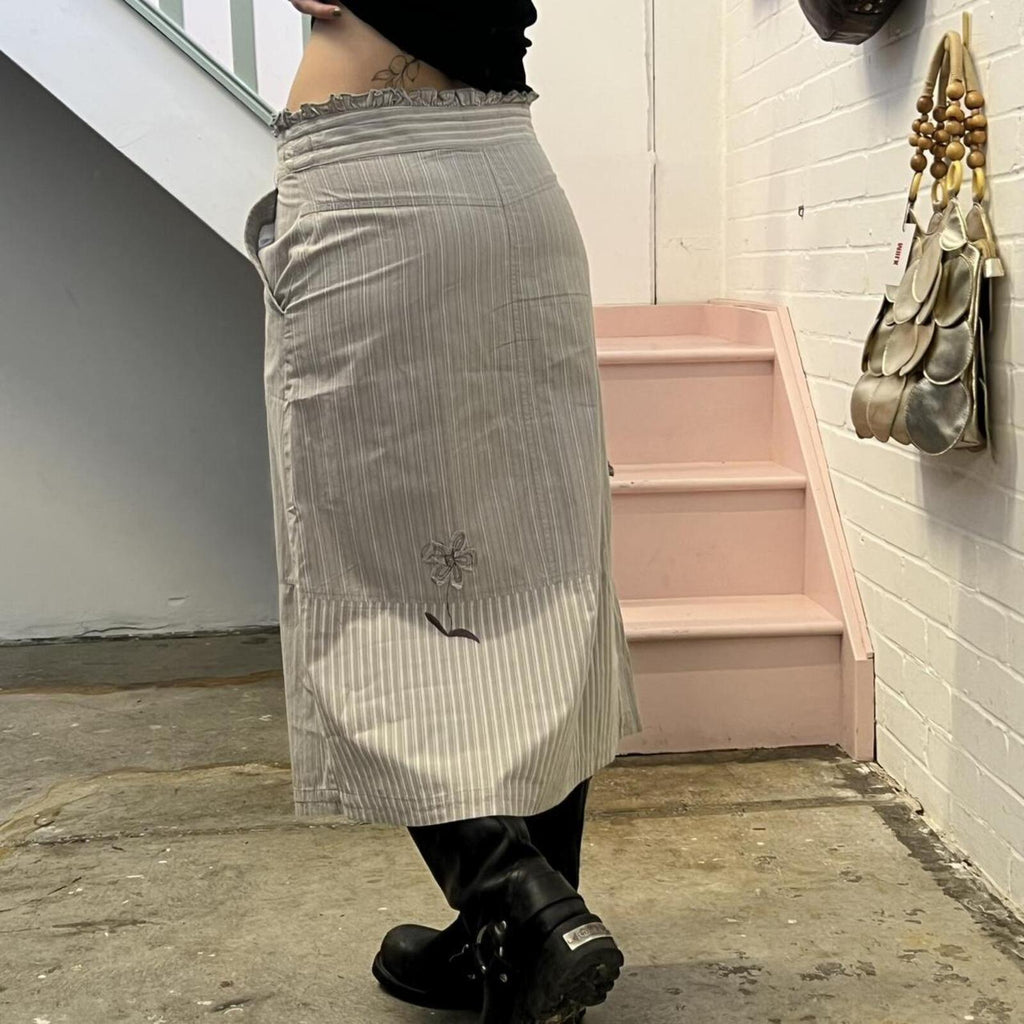 cream and grey pinstripe vintage maxi skirt with floral embroidery