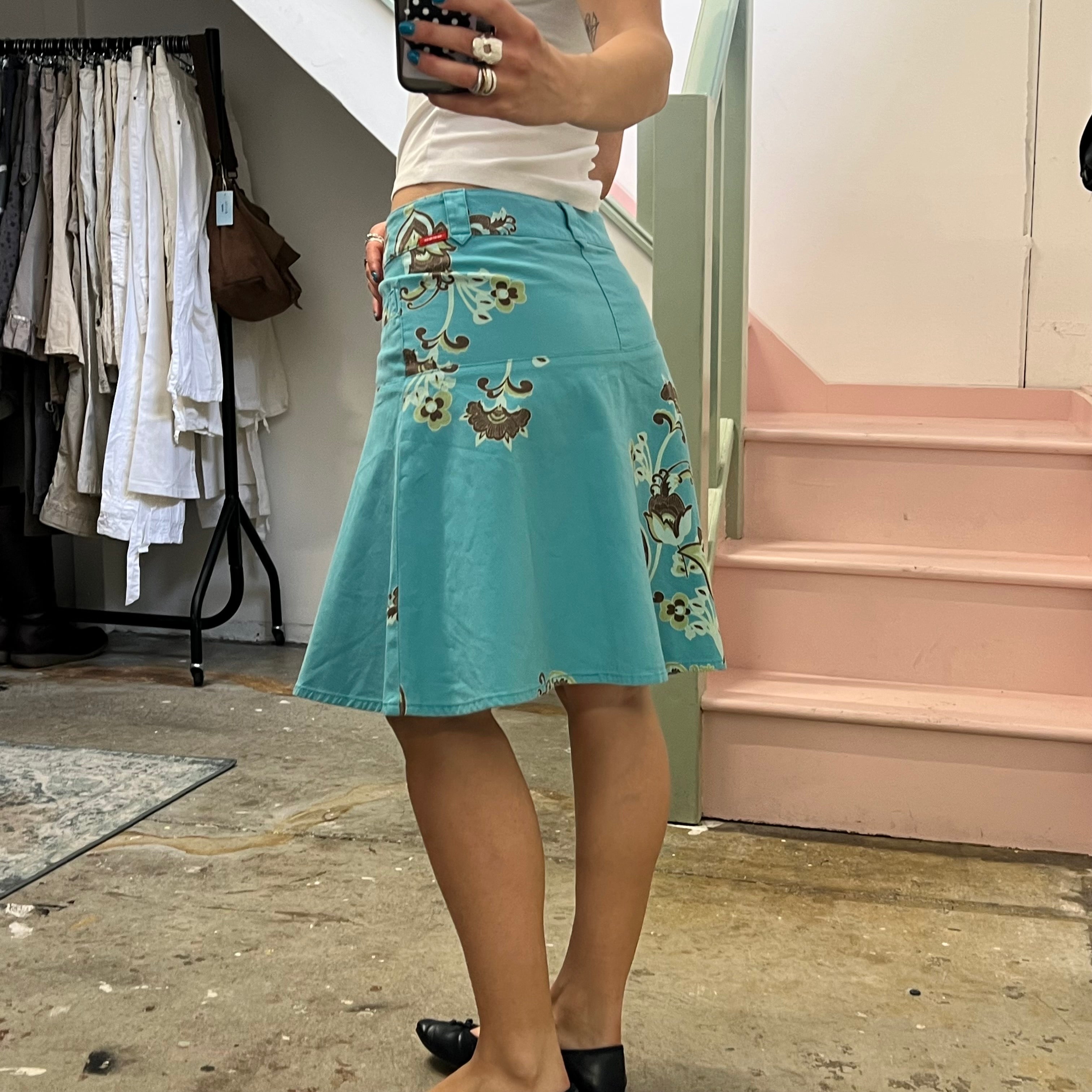 Blue and green denim paisley print midi skirt