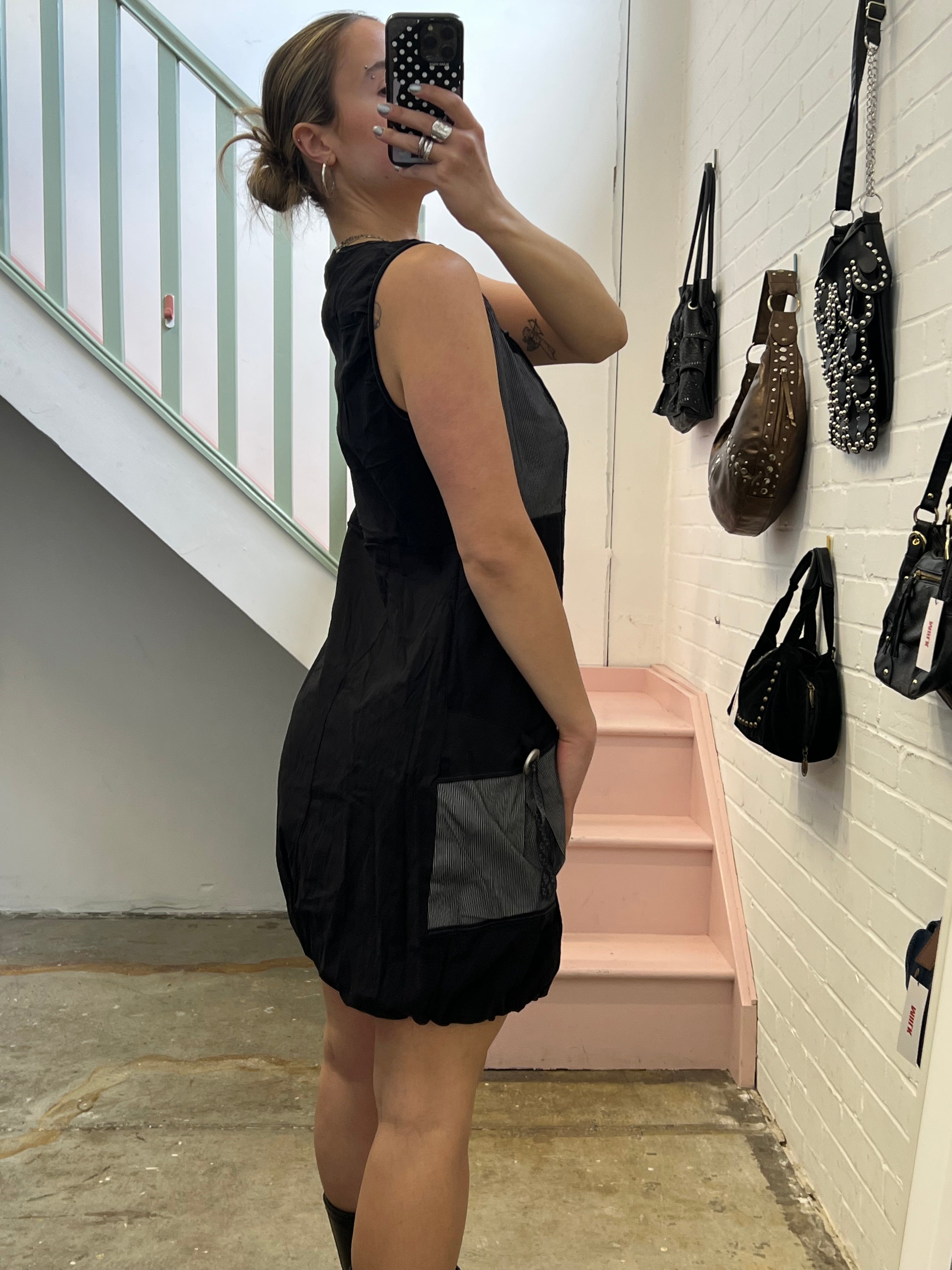 Black and grey utility style bubble mini dress