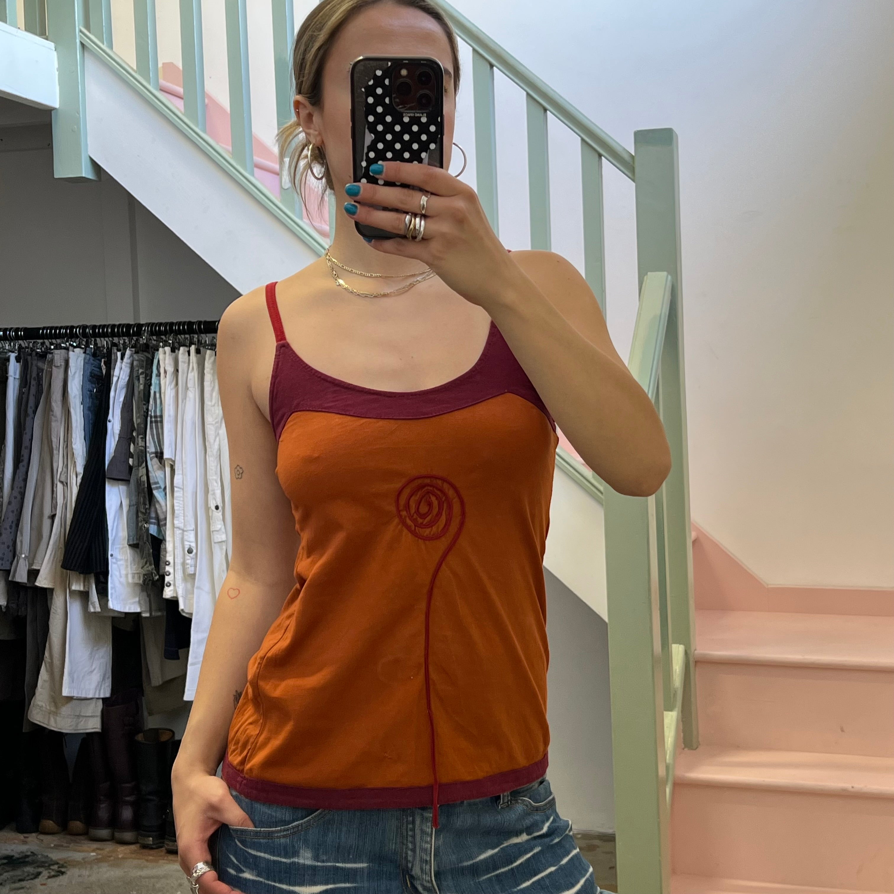 Orange and red swirl print strappy vest