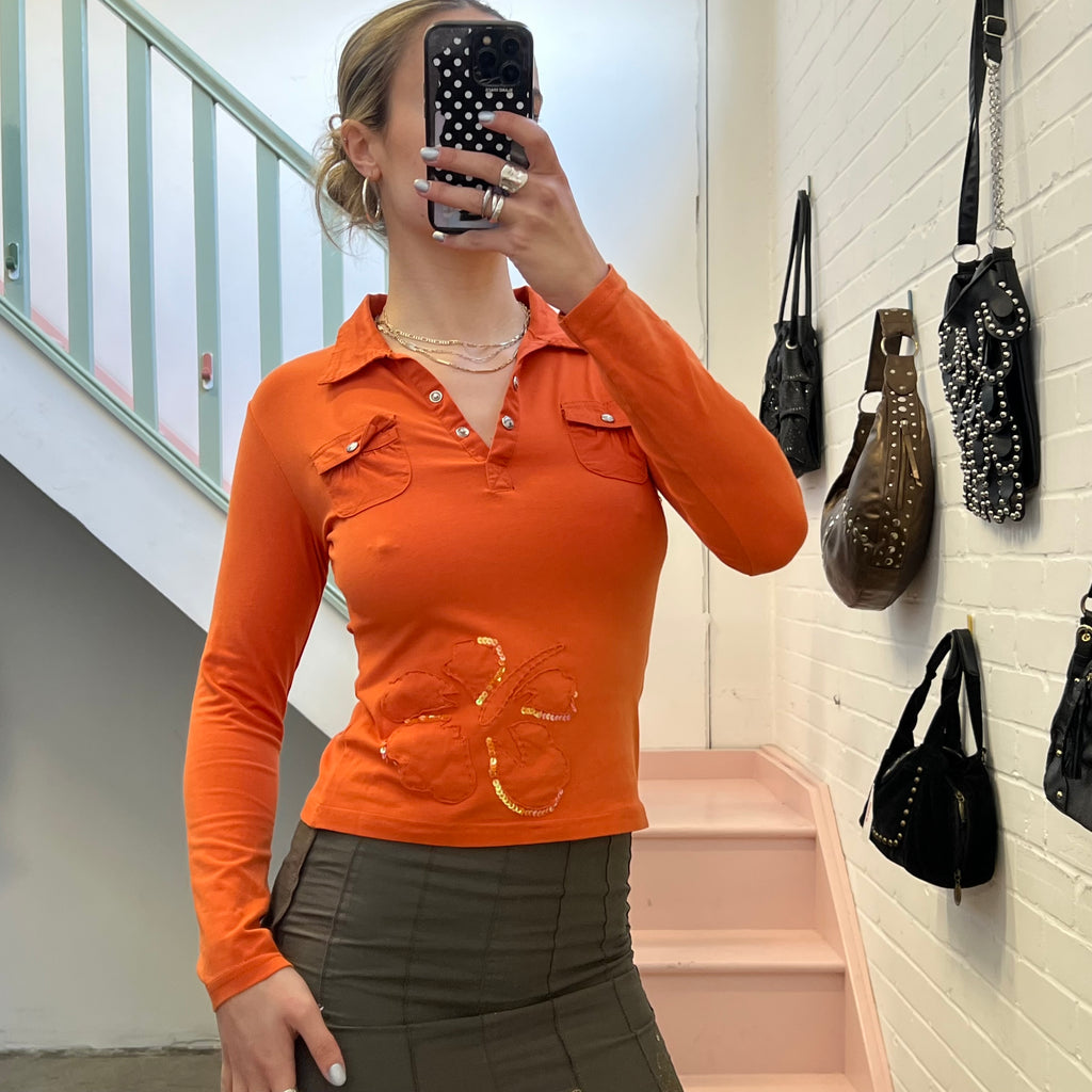 Orange sequin vintage polo top
