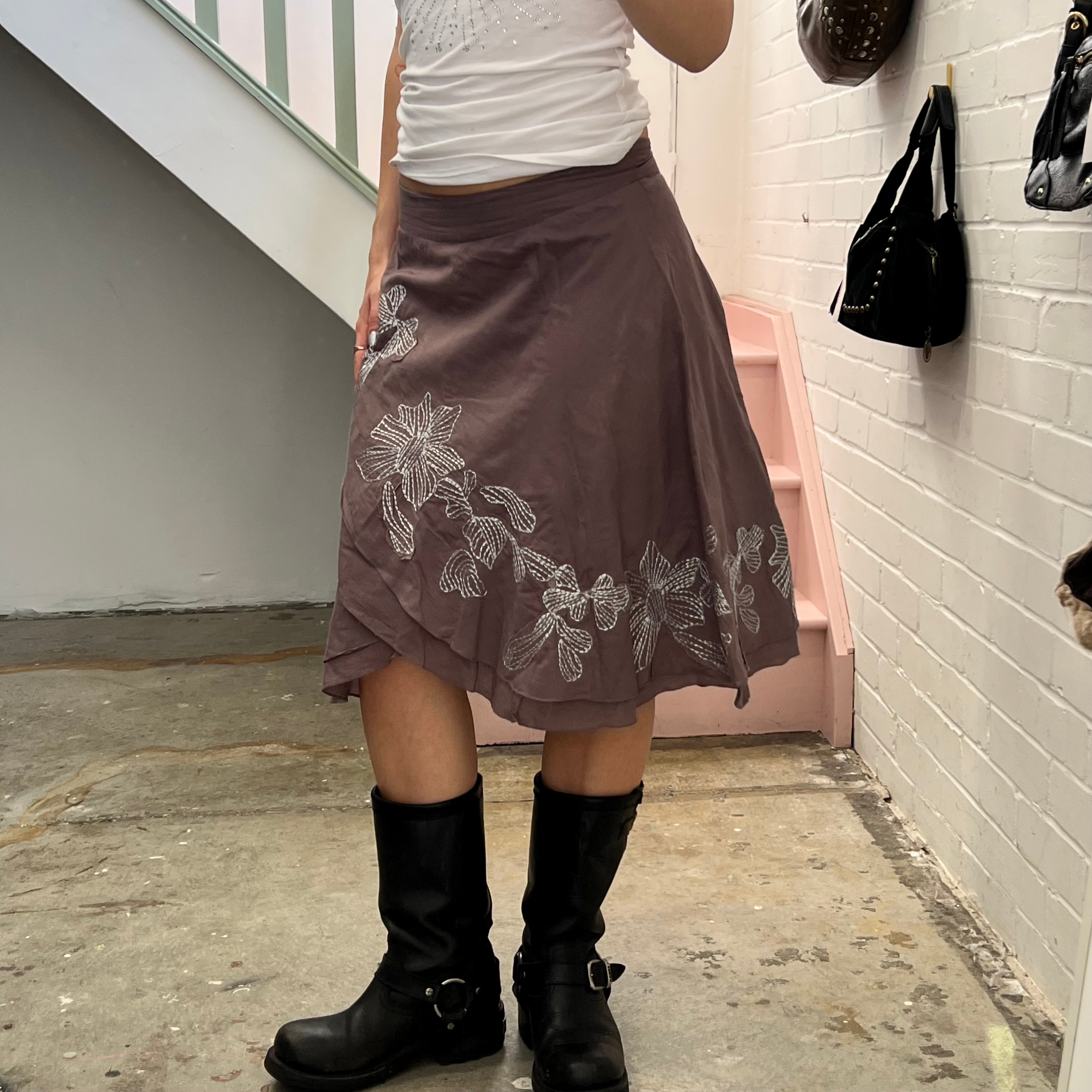 Brown linen embroidered wrap midi skirt