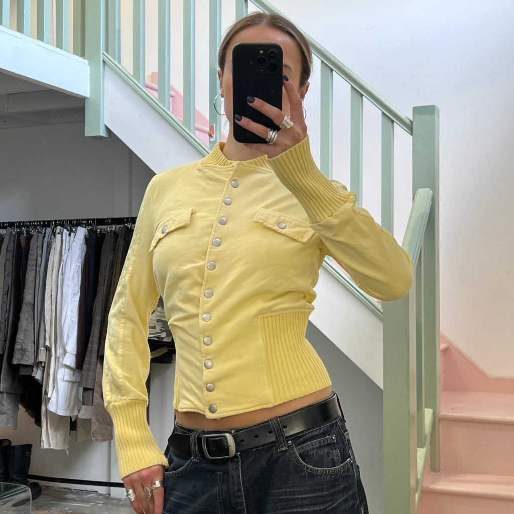 Yellow fitted button up bomber jacket