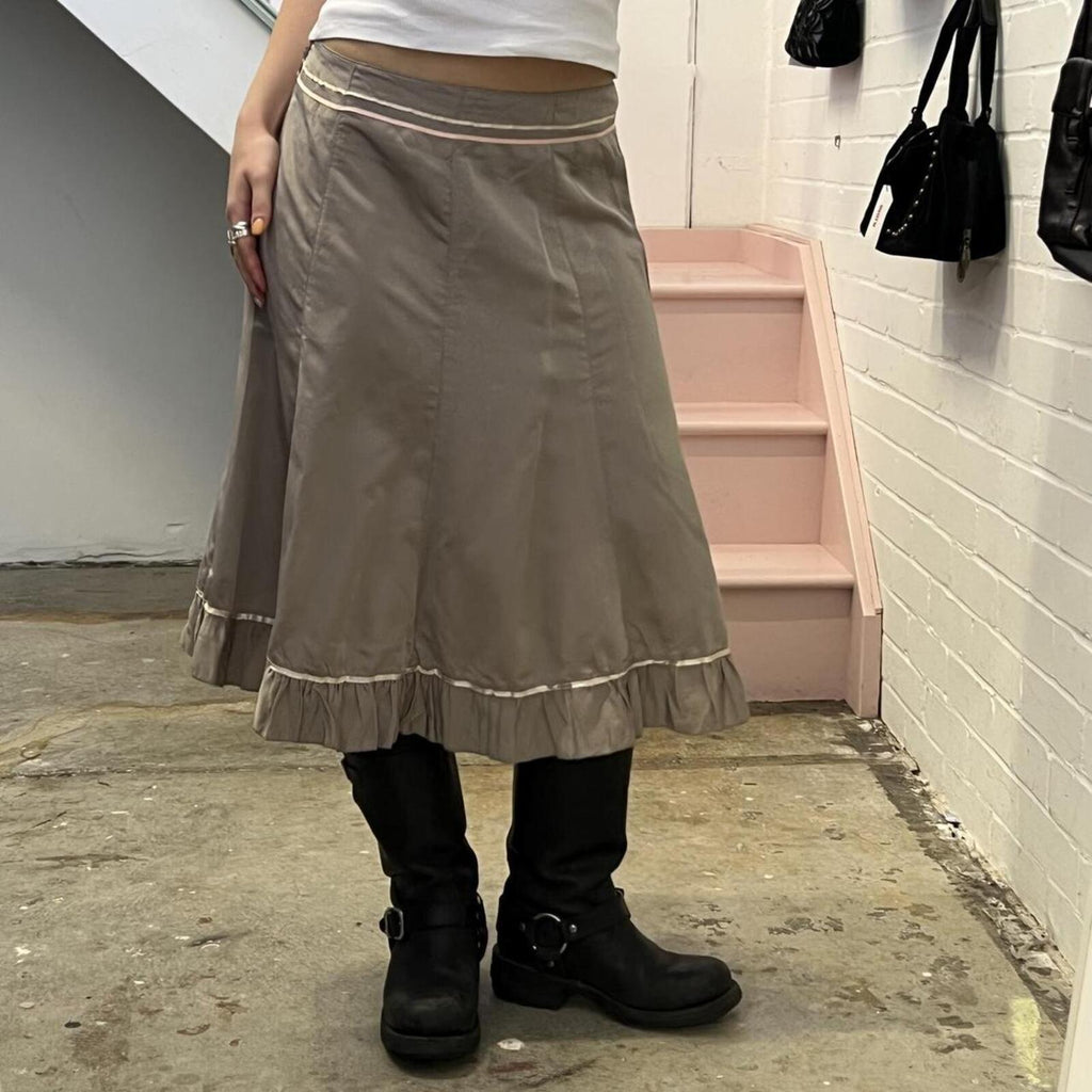 Cream beige satin floaty vintage midi skirt with stripe trim