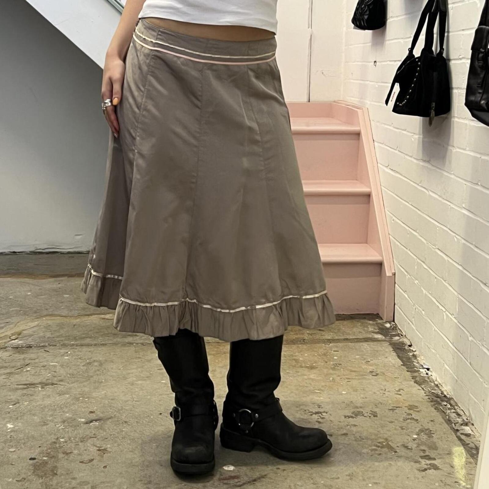 Cream beige satin floaty vintage midi skirt with stripe trim