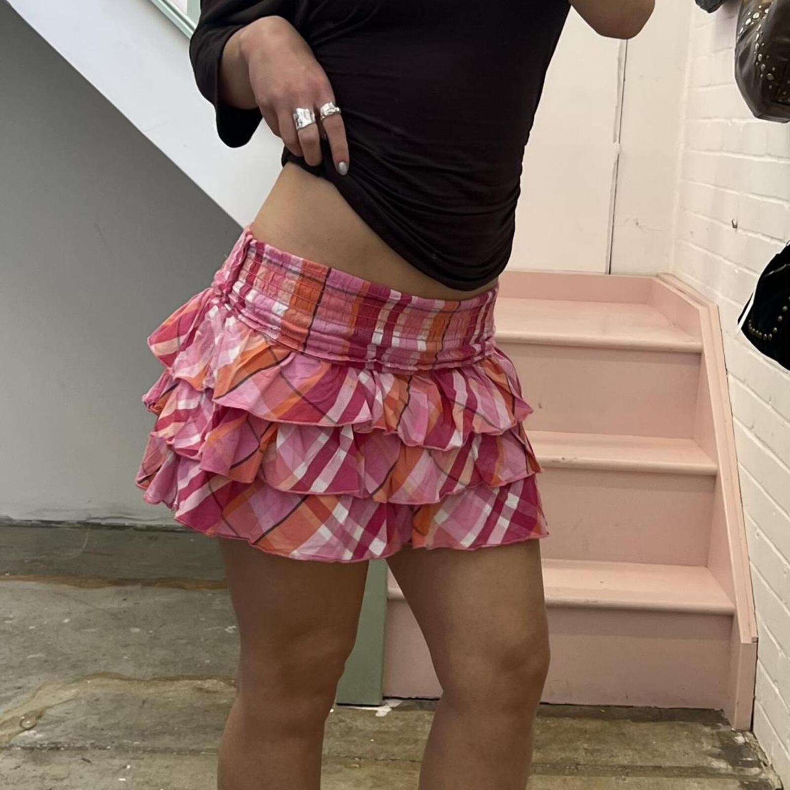 pink gingham ruffle frilly mini skirt with foldable waist
