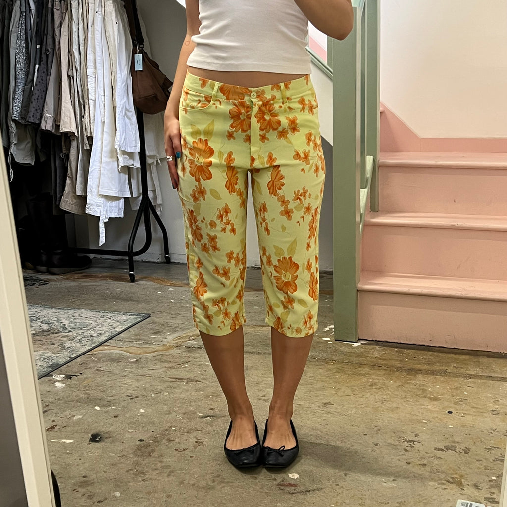 Yellow and orange floral fitted tailored capris