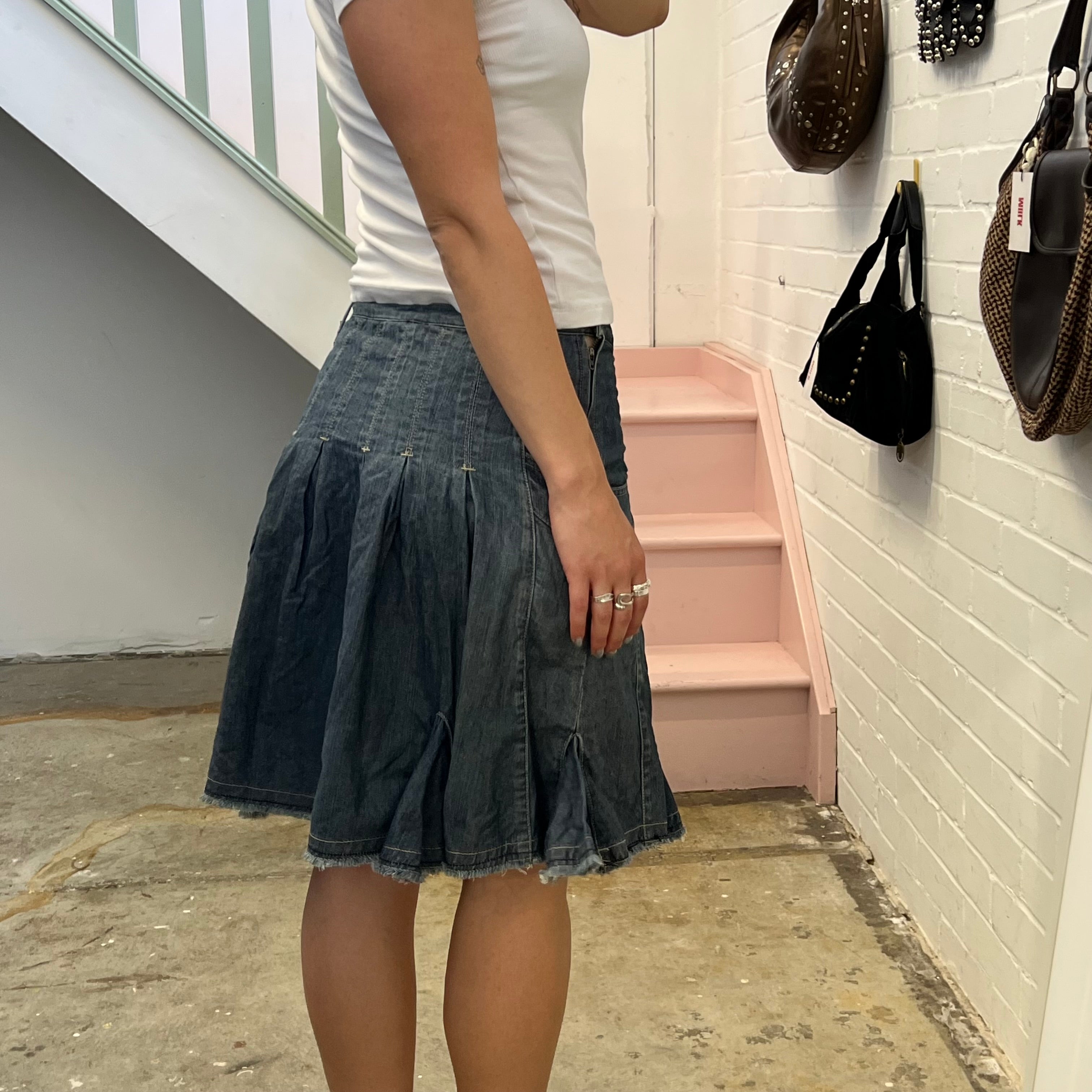Dark denim pleated midi skirt