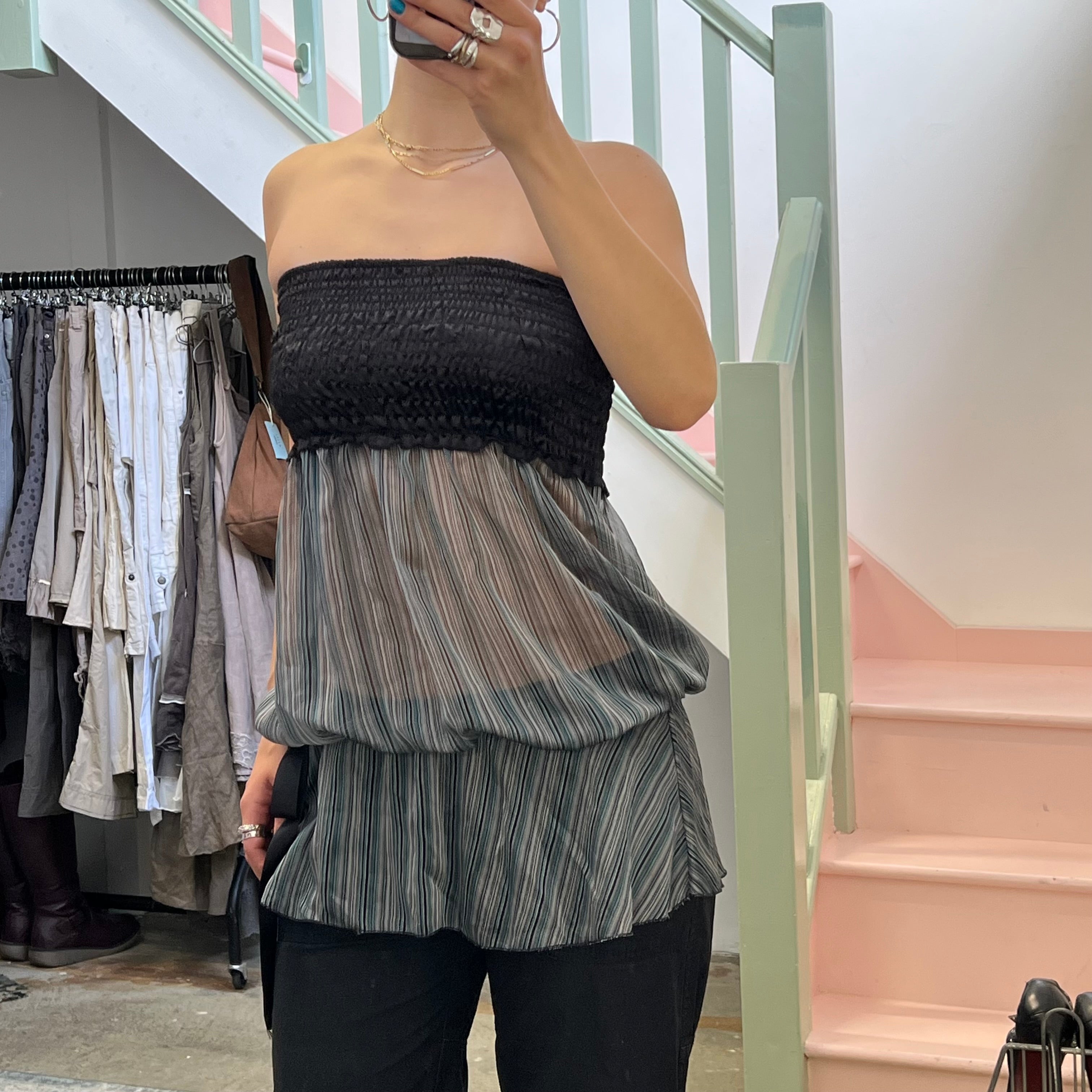 Sheer stripey drop waist strapless top