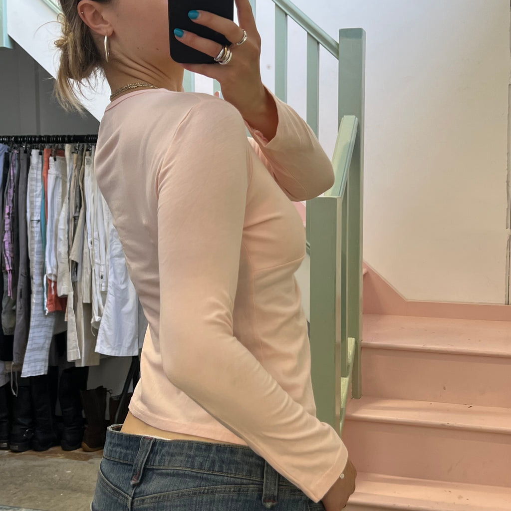 Baby pink fitted ruched long sleeve top