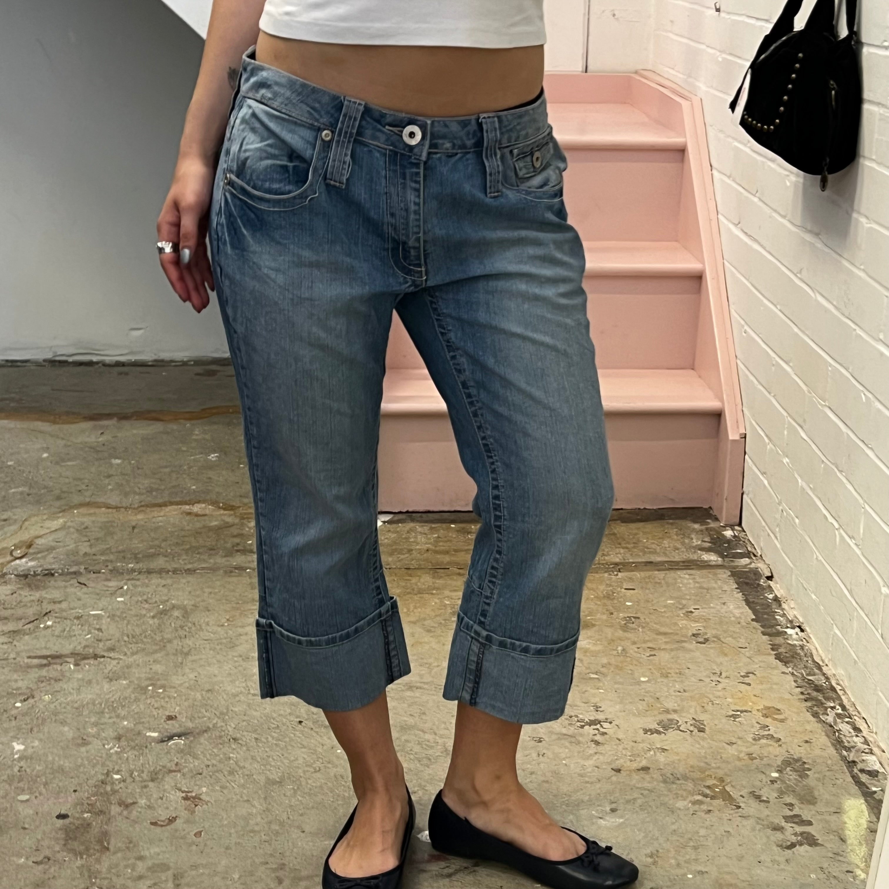 Light wash denim fold hem capris